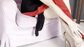 changing stockings into a short skirt