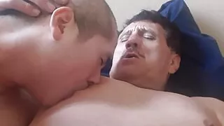 Latino Boy Milks the Cock & Titties of Older Daddy