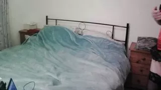 big breasts wife in red Basque stockings suspenders on cam