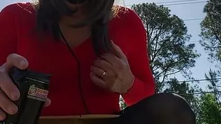 Outside in pantyhose leotard miniskirt neighborhood walk.