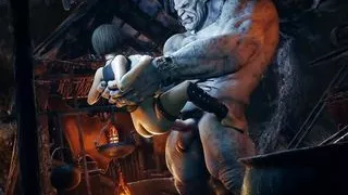 The ogre's huge cock stretches the girl's tight pussy.