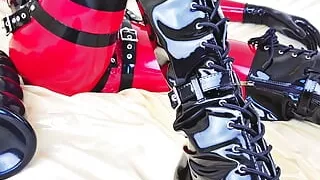 OnlyFans teaser - Enjoying my red latex catsuit with integrated vaginal and anal condoms!