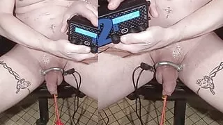 Three-phase electro e-stim in PA + anal + cock base with precum and ejac PART. 1