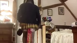 In a little schoolgirl outfit with a little yellow plaid skirt for a night out