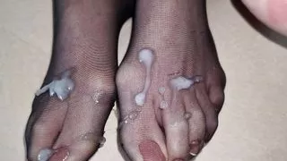 My cum on wife's perfect nylon feet - French pedicure on her perfect feet