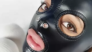 Pervert bitch sucks my cock in the bathtub and I fuck her face with leather slave mask