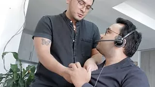 Sucking my friend while he works and ends up fucking my ass