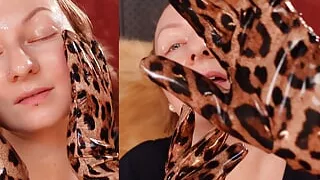 Long Leather Gloves and Oily Face. Asmr Arya Grander. Sfw Video.