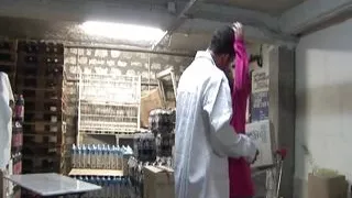 Slutty blonde French DP in the storage