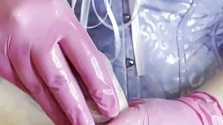 Condom Handjob with Latex Gloves