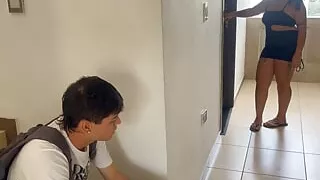 My big-ass neighbor gives me lodging at her house and takes the opportunity to fuck me hard and make me cum.