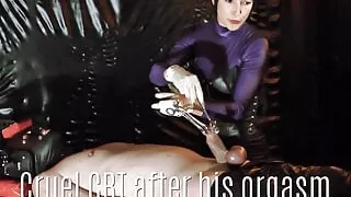 Cruel CBT after his orgasm - Mistress have no mercy with his dick