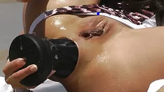 Hotkinkyjo in Sexy Monokini Fuck Big Beowulf Dildo & Anal Prolapse on the Beach