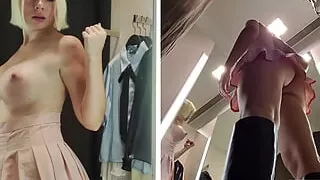 I really want to fuck, will you fuck me in the fitting room? Young blonde shows big tits in the fitting room