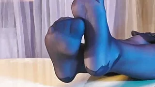 Sexy Goddess in Black Pantyhose with Rose Print on Heels Teases You with Her Feet