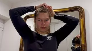 Student trying on hairstyles for a party where there will be a lot of brutal sex