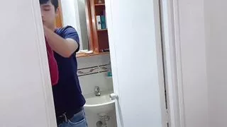 Straight Guy Goes Into the Bathroom to Fuck a Young Twink While He's Taking a Shower Anal Creampie