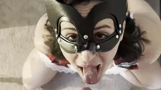 Obedient schoolgirl takes huge facial with hands behind back