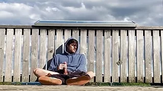 jerking off my big cock and cumming outdoor