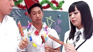 Virgin Boy and his best Friend tricked petite Japanese Girl to Double Creampie MMF Threesome Sex