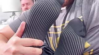 Muscled hunk comes home to receive worship in dress socks