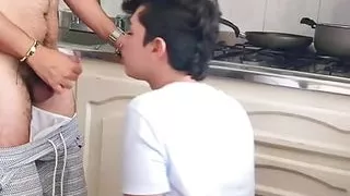 Straight Stepdad Fucks Me Bareback in the Kitchen When We Are Alone and Cums in My Ass Anal Creampie