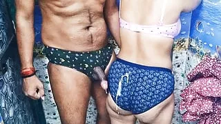 Hot Indian Desi Bhabhi Aishwarya giving handjob. He cum on her panties.