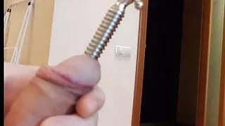 Penis tuner hollow screw urethral plug insertion and a cumshot through