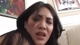 Latina with a hairy cunt gets into hardcore threesome action