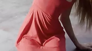 goddess like stretching in red dress
