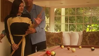 Playing pool ends with the stunning brunette spreading her legs to get her ass railed