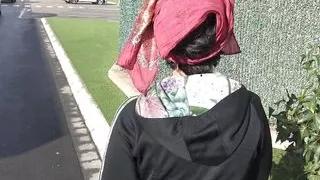 naughty Turkish street slut shows her hairy pussy to old pervert in Germany