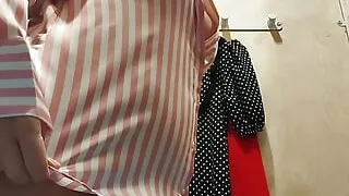 Amateur wife trying on clothes. hairy pussy, sexy brunette, big ass, sexy clothes, panties, socks, shorts, panties.