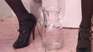 A tempting dark-haired German whore has solo piss fun in the bathroom