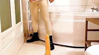 Fetish masturbation and dildo fuck in the bathroom