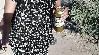 Beautiful little ladyboy barbie in mini dress and heels walking in hot public