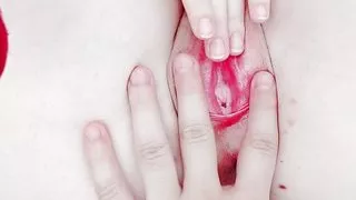 I open my schoolgirl hymen with my fingers inside her tight pussy