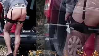 Transvestite has anal orgasm on a towbar outdoors