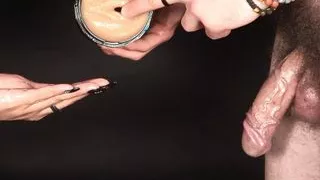 My stepsister is my toy holder so i can fuck this pussy shaped toy and cum inside. Cum on hands.