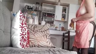 Milf slut in stockings showing her hairy pussy