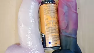 Floppy cock and dildo as big as a beer can