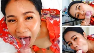 Oriental Cock Sucking MILF gets Mouthful of Cum