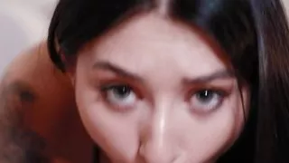 Cute 18 year old brunette gives a sensual blowjob with tongue and swallows all the cum with a dick