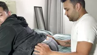 Pizza delivery man collects the tip with his customer's ass, leaves it open and full of hot milk