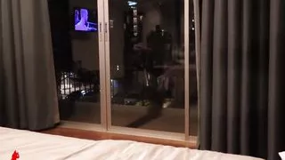 Brunette sensual sucking big cock husband on a trip - cumshot