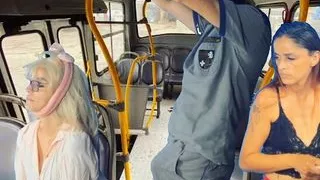 Worker takes stick out and thighs women on public transport!