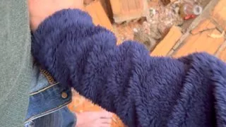 Shy boy helps stranger outside.