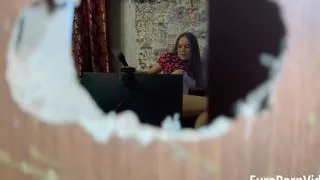 Husband catches his young wife working on sex cam and doing an anal show