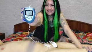 Electrostimulation of the penis and testicles. Dominatrix Nika plays with electric discharges on the genitals of the slave