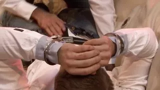 While wearing the cuffs he has been fucked on the sofa by